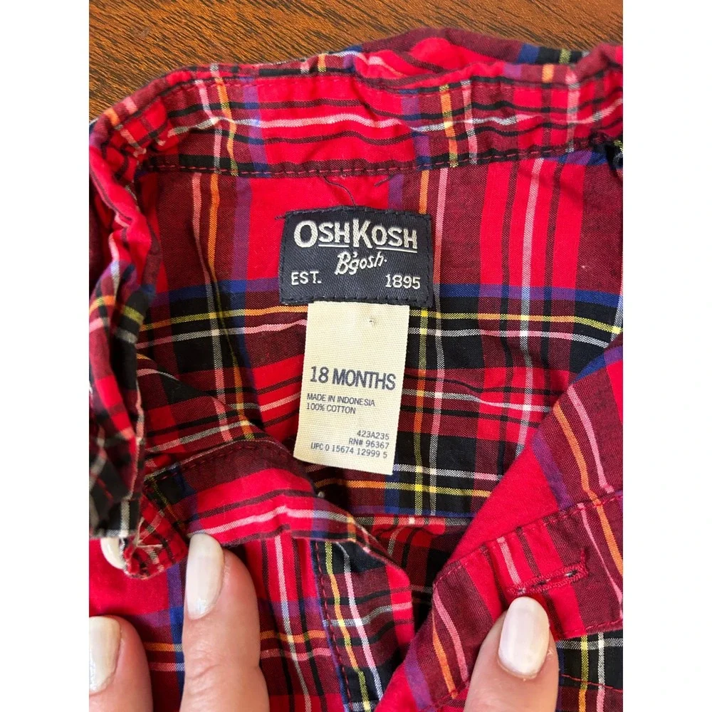 OshKosh Bgosh Baby Boys Red Plaid Long Sleeve Button Front Bodysuit 18 Months